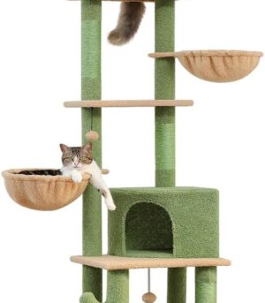 Cactus Cat Tree Floor to Ceiling Cat Tower with Adjustable Height(85-112 Inches), 7 Tiers Climbing Activity Center with Cozy Hammocks, 5 Platforms and Scratching Posts for Indoor Cats