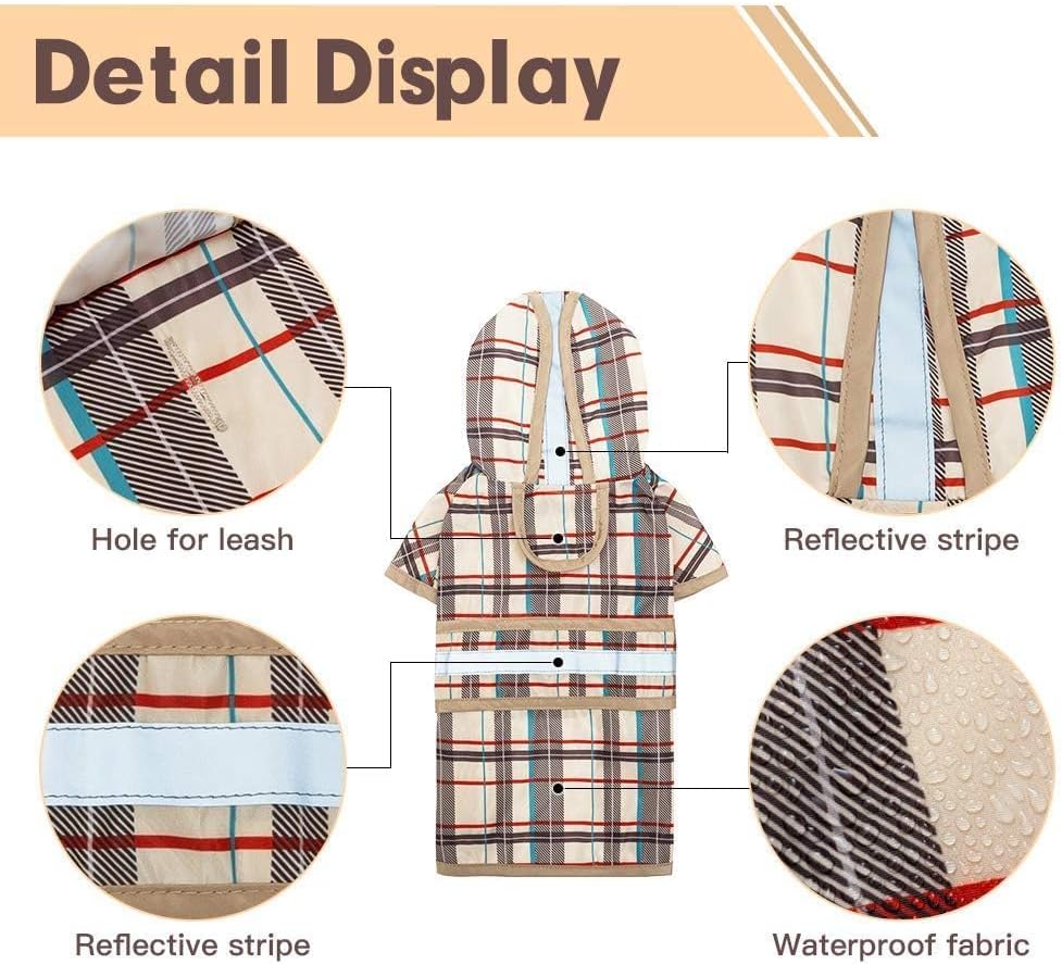 Dog Raincoat Hooded Slicker Poncho with Leash Hole, Raincoat for Small Medium Dogs, Waterproof Doggie Rain Jacket with Reflective Strip, Adjustable Breathable Plaid Puppy Rainwear,Beige S - Image 2