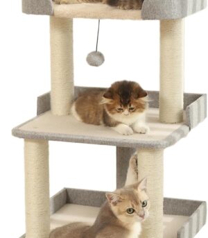 Durable Cat Scratching Post with Bed, Multi-Level 27.56in Cat Tree with Scratching Posts of Natural Sisal, All-Season Cat Tree for Indoor Large Cats, Kittens (Grey)