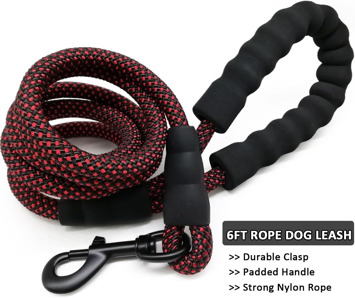 Heavy Duty Rope Dog Leash, 3/4/5/6/7/8/10/12/15 FT Nylon Pet Leash, Soft Padded Handle Thick Lead for Large Medium Dogs(6ft*1/2", Black-red dot) - Image 2