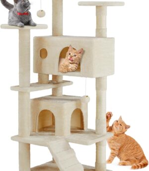 54-Inch Cat Tree Tower – Multi-Level with Sisal Scratching Post, Perfect Pet Gift, Indoor Condo with Climbing Ladder, Plush Toy, and More Animal Stuff, Beige