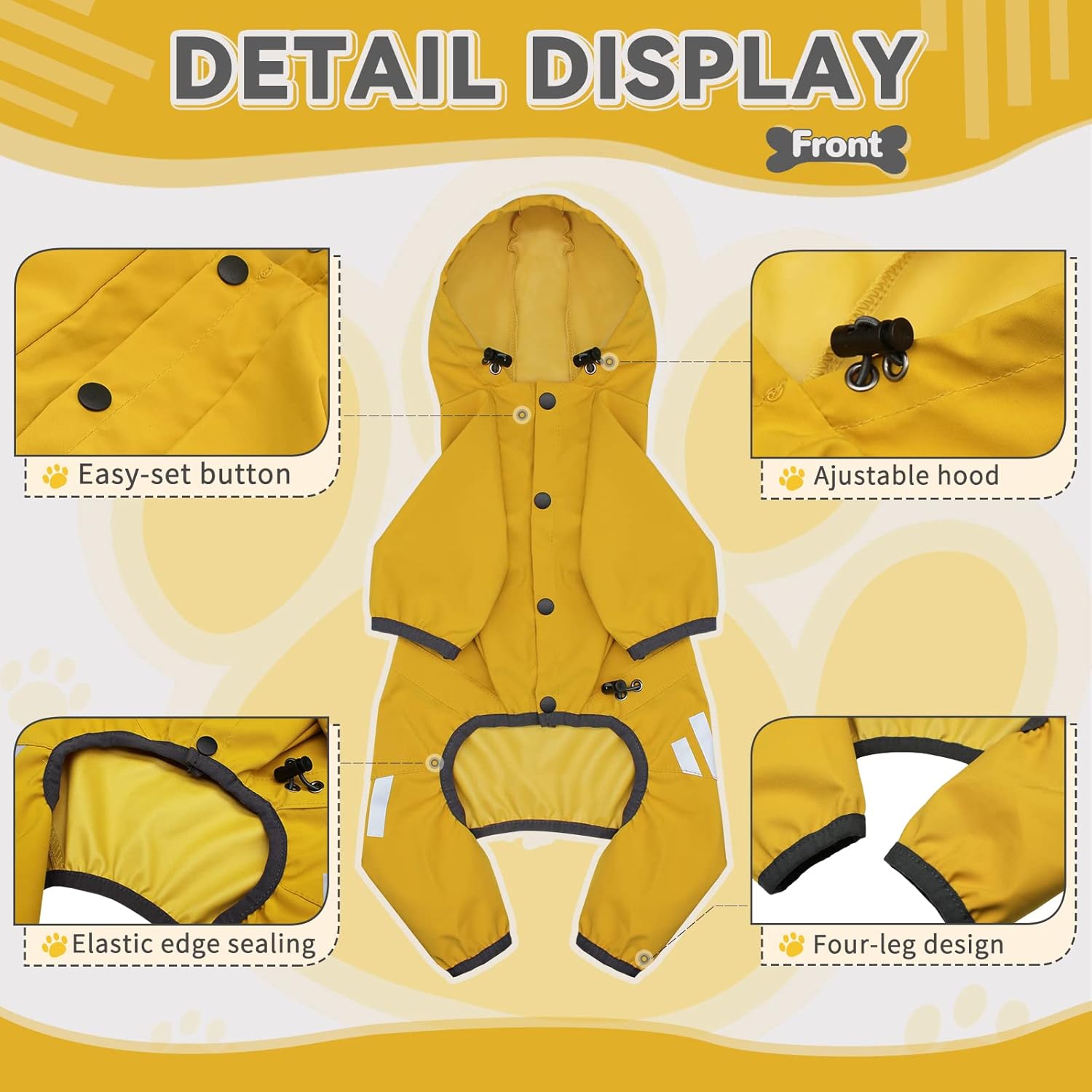Dog Raincoat, Waterproof Dog Rain Jacket with Hood, Rain Coat with Leash Hole, Reflective Strap for Small Medium Dogs, Lightweight Puppy Clothes(Yellow,M) - Image 2