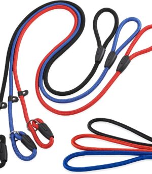 3-Pack Heavy-Duty Nylon Adjustable Slip Leads for Dogs - Red, Black, Blue - Adjustable, Durable & Night-Safe