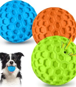 Indestructible Squeaky Dog Balls for Aggressive Chewers, Interactive Dog Toys to Keep , Rubber Dog Chew Toy for Large Medium Breeds, Outdoor Waterproof (3 Colors)