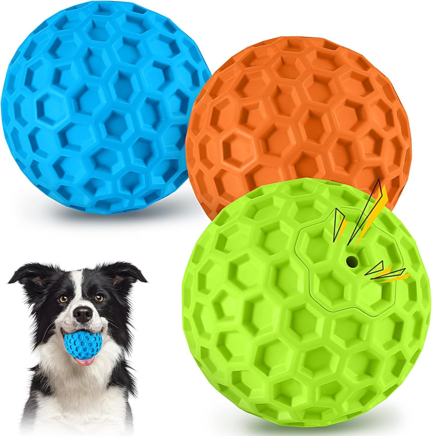 Indestructible Squeaky Dog Balls for Aggressive Chewers, Interactive Dog Toys to Keep , Rubber Dog Chew Toy for Large Medium Breeds, Outdoor Waterproof (3 Colors)