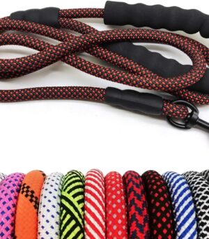 Heavy Duty Rope Dog Leash, 3/4/5/6/7/8/10/12/15 FT Nylon Pet Leash, Soft Padded Handle Thick Lead for Large Medium Dogs(6ft*1/2", Black-red dot)