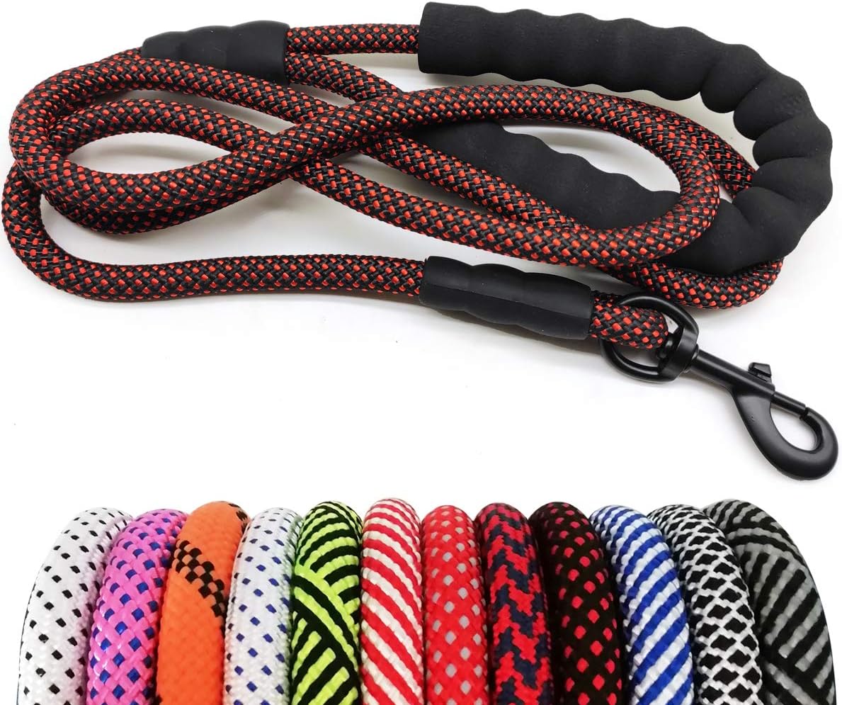 Heavy Duty Rope Dog Leash, 3/4/5/6/7/8/10/12/15 FT Nylon Pet Leash, Soft Padded Handle Thick Lead for Large Medium Dogs(6ft*1/2", Black-red dot)