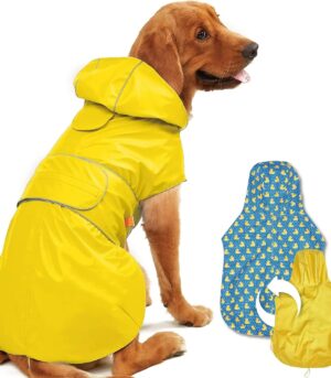 Dog Raincoat Reversible, Single Side Slicker Poncho Adjustable Waterproof Dog Rain Jacket with Leash Hole/Reflective Stripe Hooded Snowproof Windproof Clothes for Small to 3X-Large Dogs, S