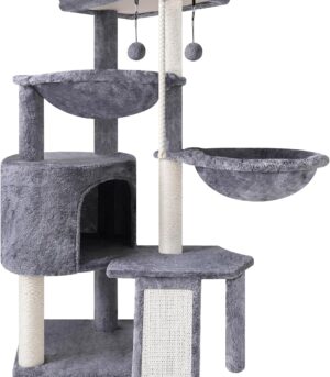 Three Layer Cat Tree with Cat Condo and Two Hammocks,Grey