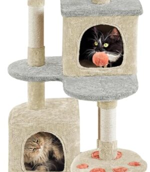 65in Cute Cat Tree, Cat Paw-Shaped Play Tower with Heart-Shaped Platform, Spring Ball & Hanging Ball, Double Condos, Scratching Posts, Cat Climbing Frame Bed Furniture for Indoor Cats