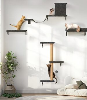 Cat Wall Shelves, Stable & Safe 4 in 1 Cat Furniture Set, Wooden Climbing Wall with Scratching Post for 16 Inch Drywall - Gray