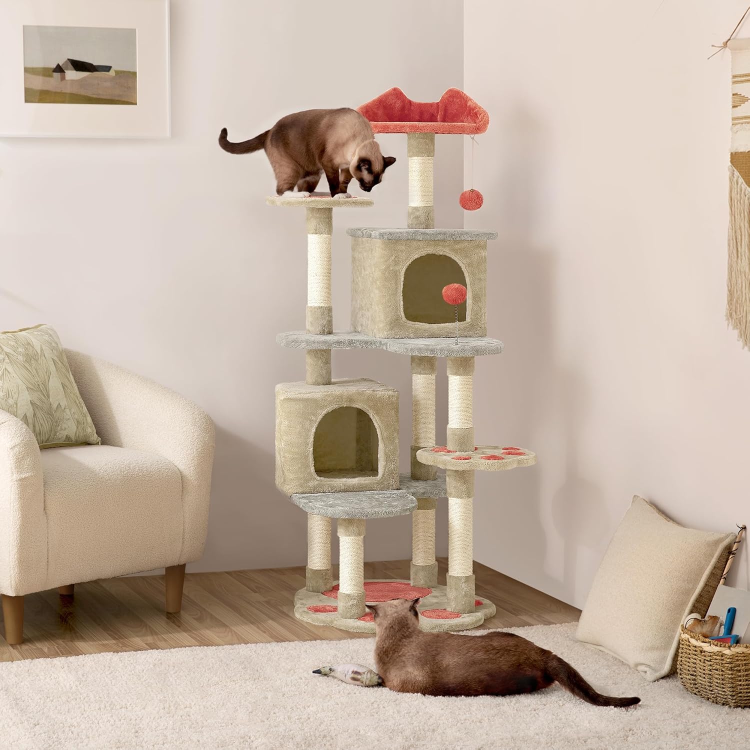 65in Cute Cat Tree, Cat Paw-Shaped Play Tower with Heart-Shaped Platform, Spring Ball & Hanging Ball, Double Condos, Scratching Posts, Cat Climbing Frame Bed Furniture for Indoor Cats - Image 2