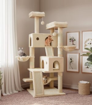 65in Larger Cat Tree Tower Condo for Indoor Kitties/Multi-Level Furniture Activity Center with Wide Base/Cozy Plush Cat Perches/Baskets/Sisal Scratching Posts and Hammock/Beige