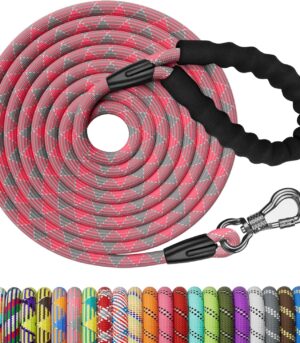 15FT Training Leash for Dogs, Pink Dog Rope Leash with Swivel Lockable Hook and Comfortable Padded Handle, Dog Lead line for Walking, Hunting, Camping, Backyard for Small Medium and Large Dogs