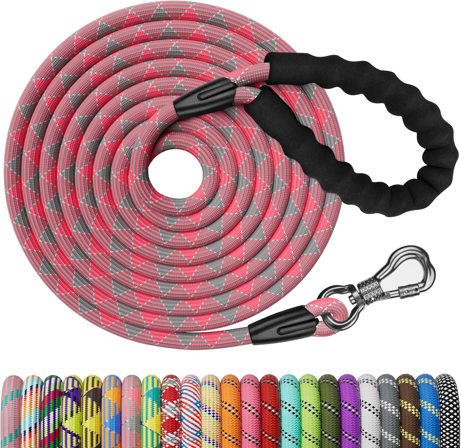 15FT Training Leash for Dogs, Pink Dog Rope Leash with Swivel Lockable Hook and Comfortable Padded Handle, Dog Lead line for Walking, Hunting, Camping, Backyard for Small Medium and Large Dogs